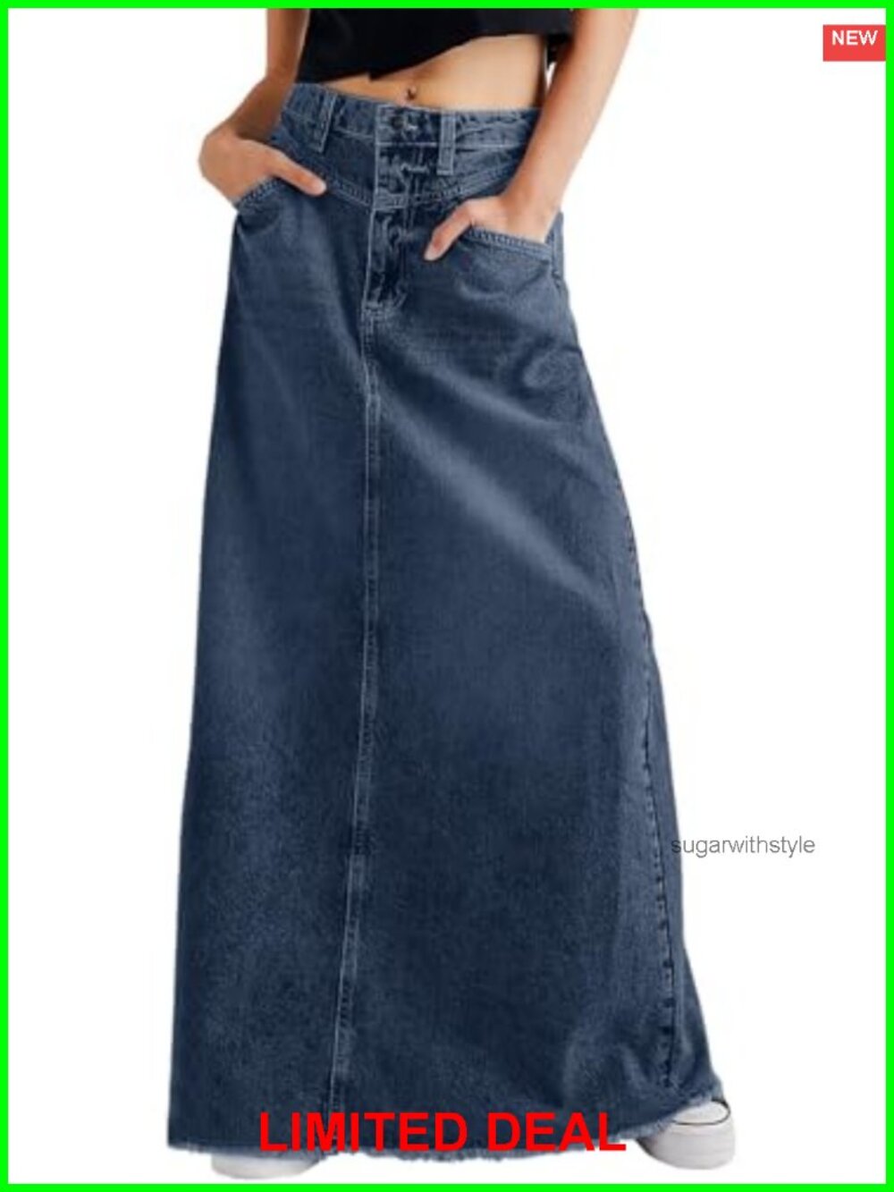 Vintage Denim Maxi Skirt Frayed Raw Hem High Waist A-Line Long Jean Skirt